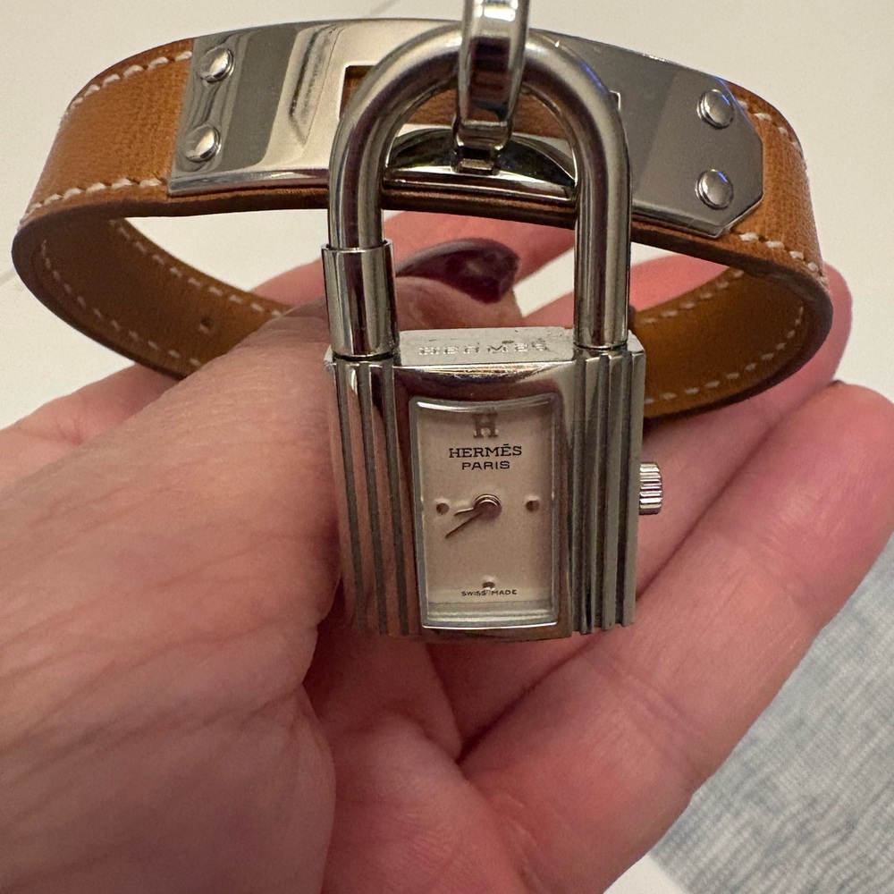 Hermes Kelly Paris Swiss made brown and silver watch.